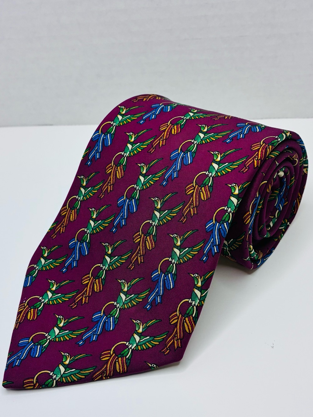 Salvatore Ferragamo Mens Necktie Vintage 90s Pink Silk Bird Animal Micro Print